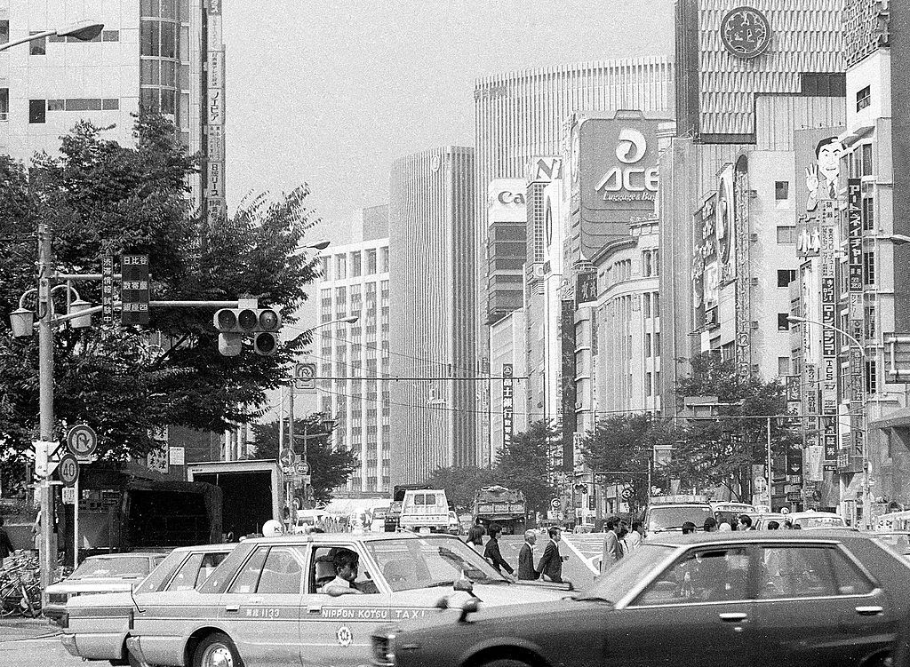Ginza shopping district is seen, Tokyo, 1984