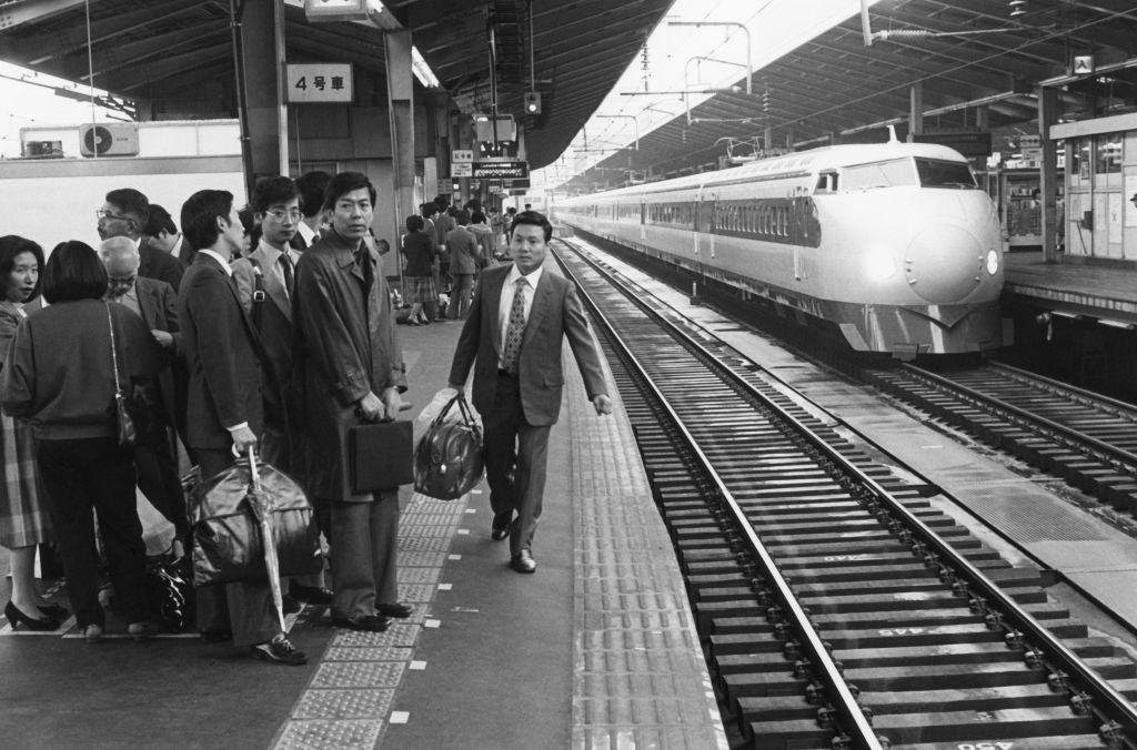 Shinkansen train at a station in Tokyo, 1984