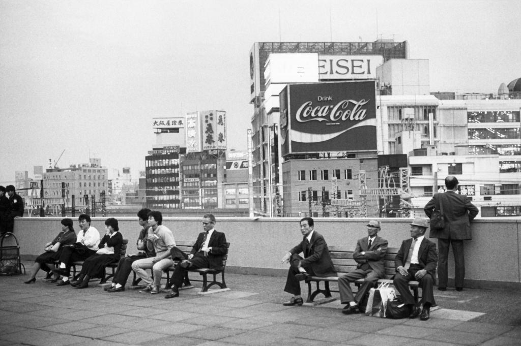 Travelers waiting for the train at Ueno station in Tokyo, 1984