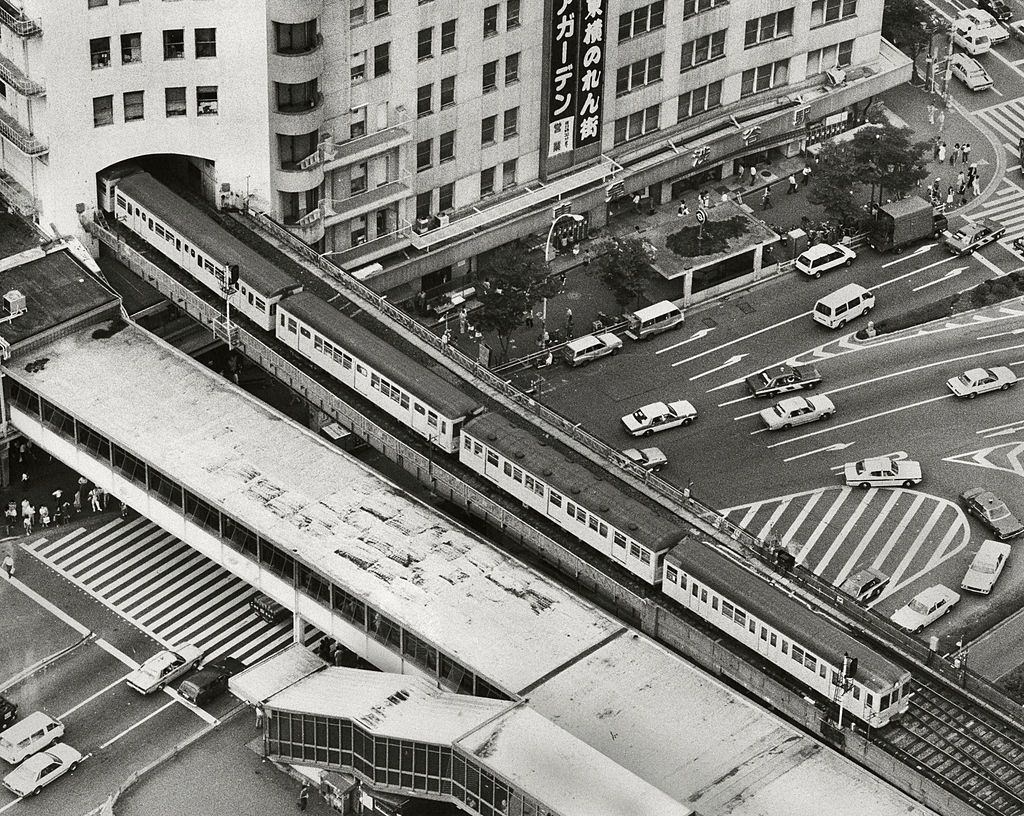 Endan (Metro) Ginza line train approaches to Shibuya Staiton, Tokyo, 1983