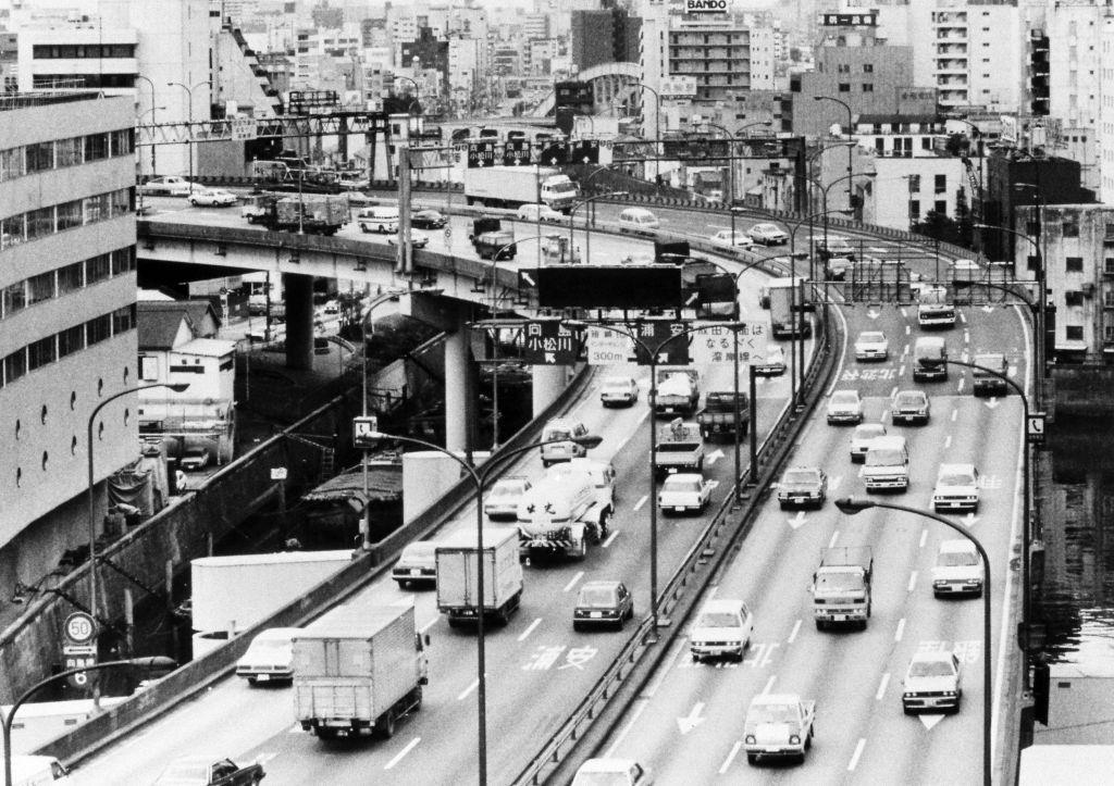 Cars run at Shuto Expressway No.6 near Nihonbashi Kakigaracho area, Tokyo, 1983
