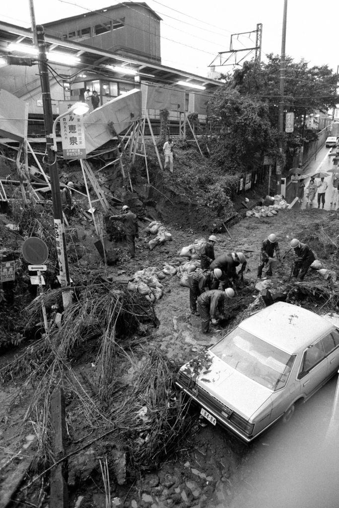 A slope next to Ebisu Station falls as Typhoon Judy hit, Tokyo, 1982
