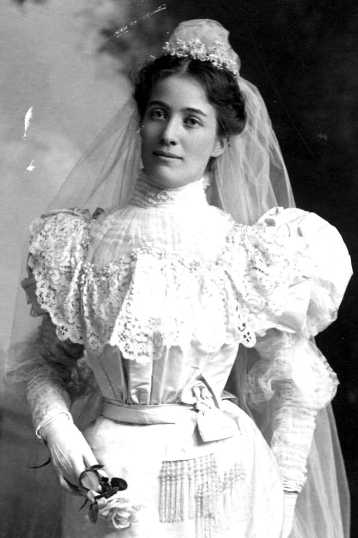 Lady in beautiful wedding dress in the 1890s