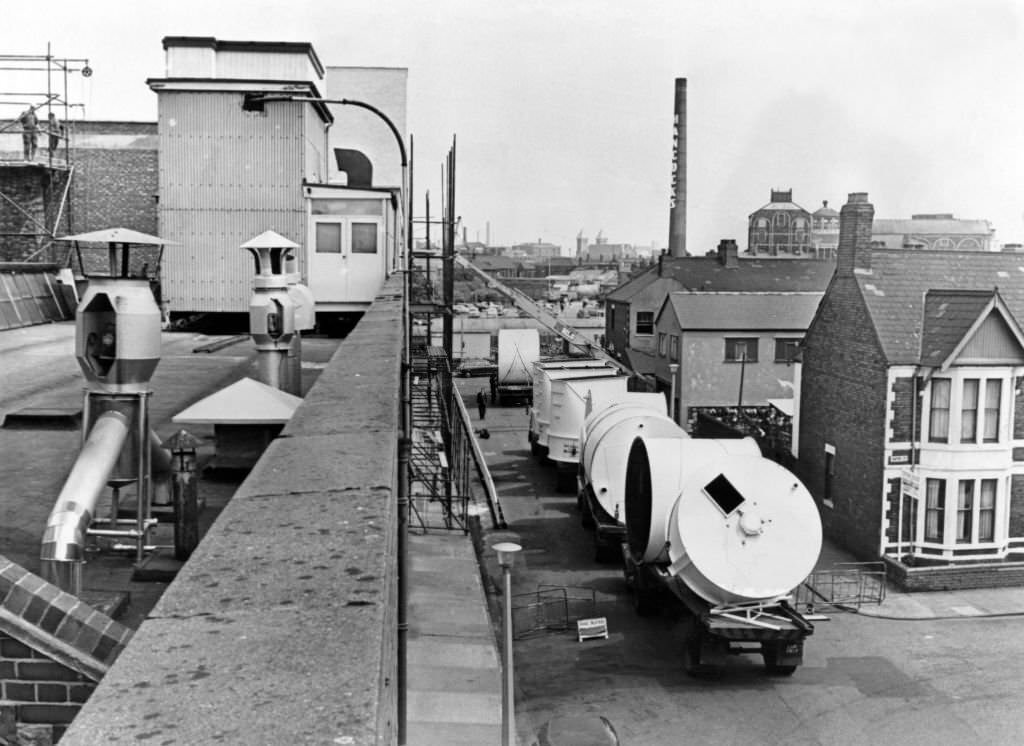 Blocking the road outside Avana Bakeries, are these giant silos, which arrived to be installed in the new extensions of the bakeries, 14th June 1968.