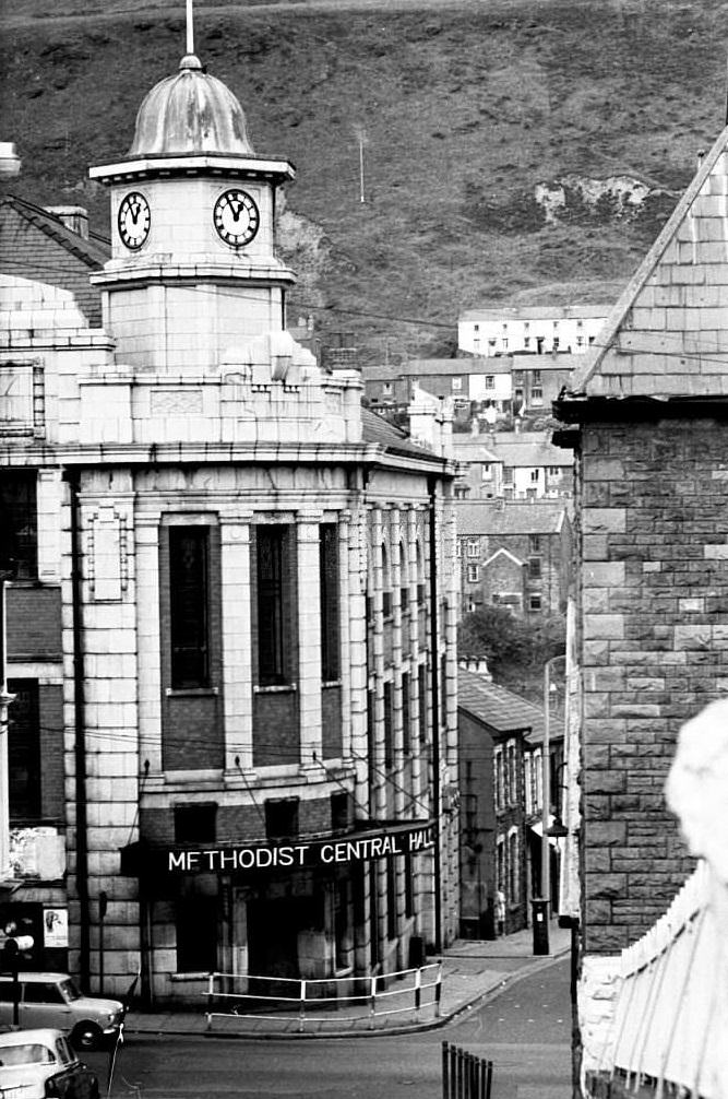 Exterior view of the Methodist church in the mining town of Tonypandy, Wales, United Kingdom, 1966.