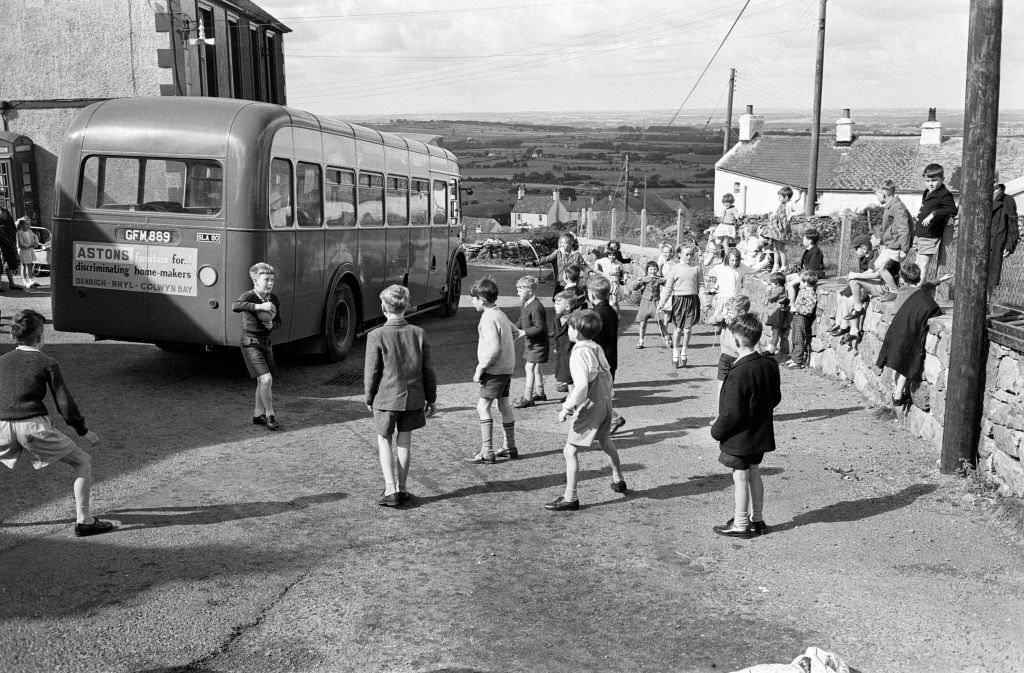 General shots of the village Rhiwlas, in Bangor, Gwynedd, Wales. Children playing outdoors, 20th September 1964.