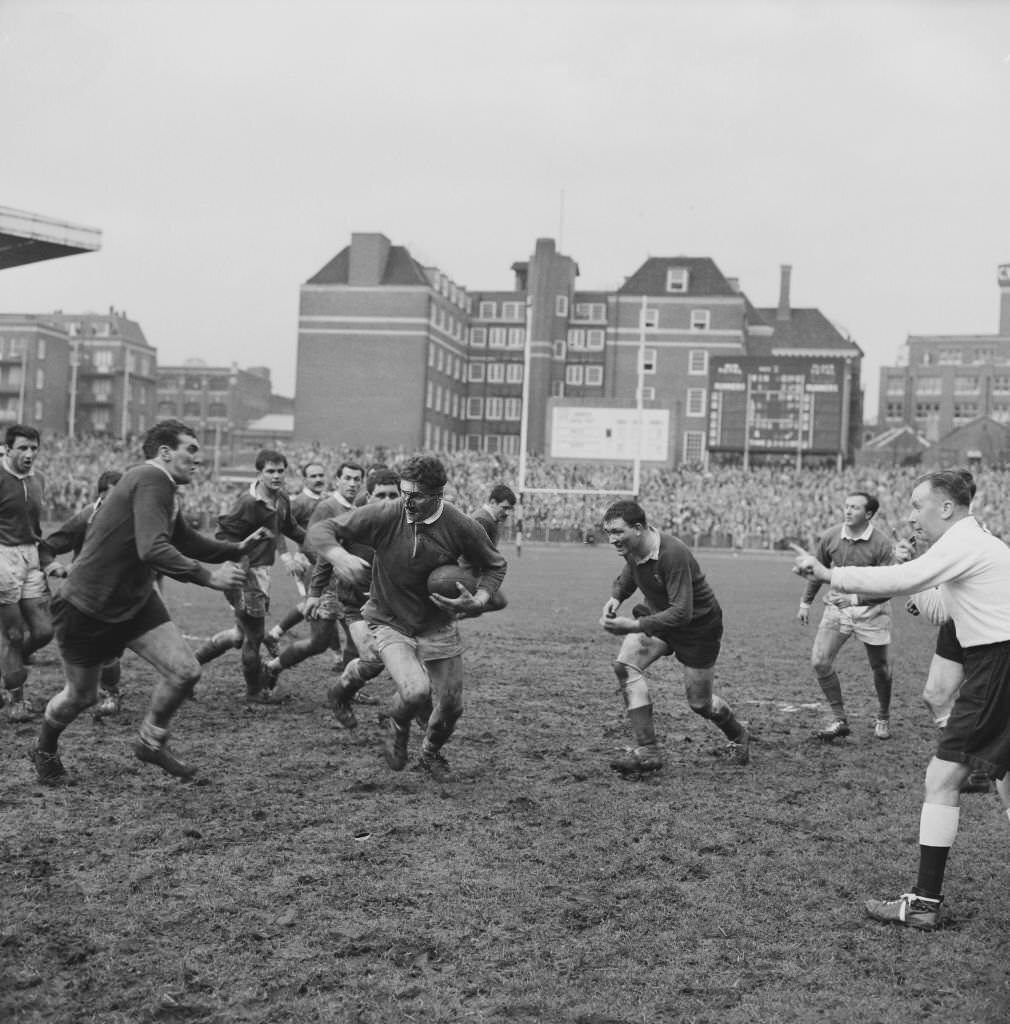 Rugby players in action during the 1964 Five Nations match Wales vs France, Cardiff, 21st March 1964.