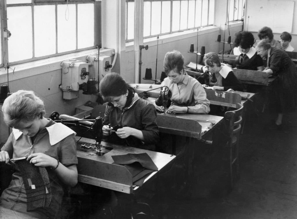 Young machinists being trained in the training school of Lotery's factory in Newport, Wales. March 1964.