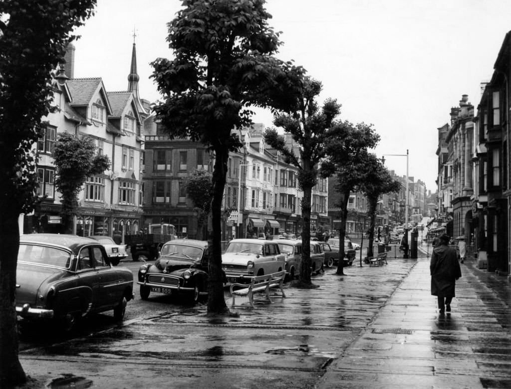 Street Scenes, Aberystwyth, Ceredigion, West Wales, 22nd June 1961. Tree lined main street with its ample parking spaces.