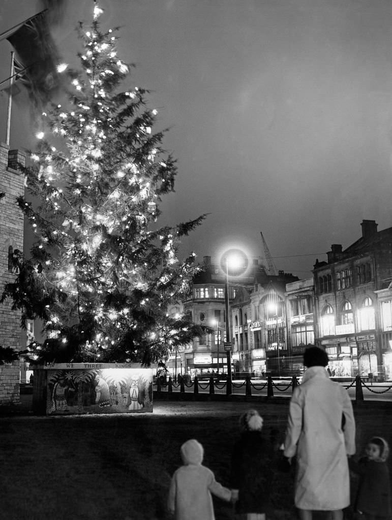A Christmas Scene outside Cardiff Castle, 1960.