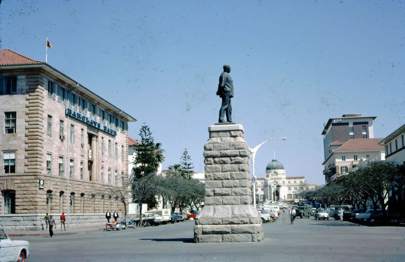 Statue of Cecil John Rhodes (1853-1902) in main street of Bulawayo, Rhodesia (now Zimbabwe), September 9, 1968