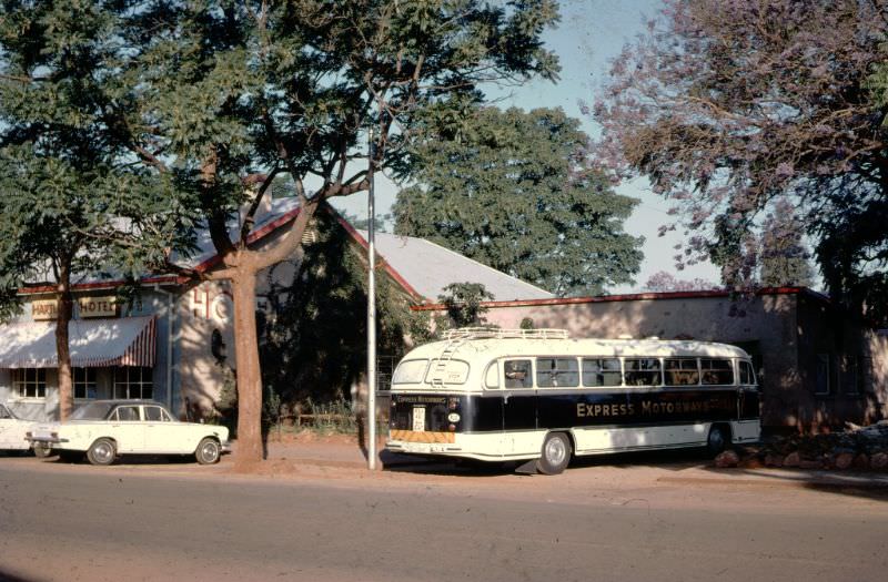 African Motorways Coach at stop at Hartley, Rhodesia (now Zimbabwe), on way to Beitbridge, September 29, 1968