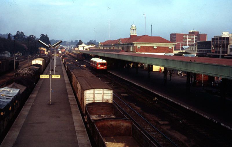 Early morning at Salisbury railway station in Rhodesia, now Harare, Zimbabwe, Umtali rail motor standing awaiting departure, September 20, 1968
