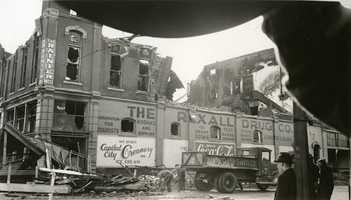 Odd Fellows Hall fire damage and cleanup