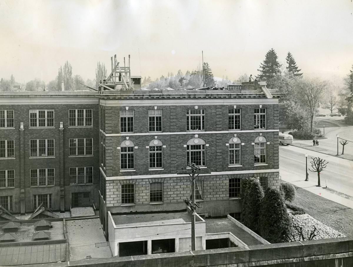 Olympia High School after removal of parapet and brick stack, 1940s