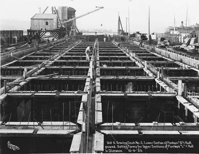 Constructing pontoons for the Lake Washington Floating Bridge