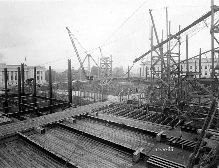 Construction progress on Legislative Building showing foundation pour forms, Washington State Capitol group, Olympia, November 15, 1923