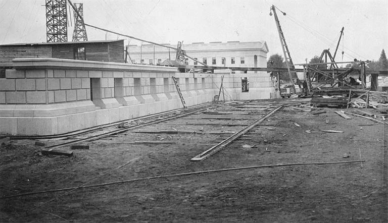 Early stonework on Legislative Building, Washington State Capitol complex construction, Olympia, 1922