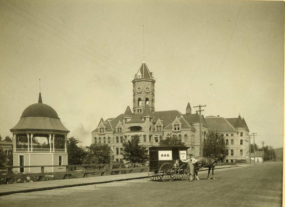 Sylvester Park and Old State Capitol with Capital City Creamery wagon, Olympia, 1895