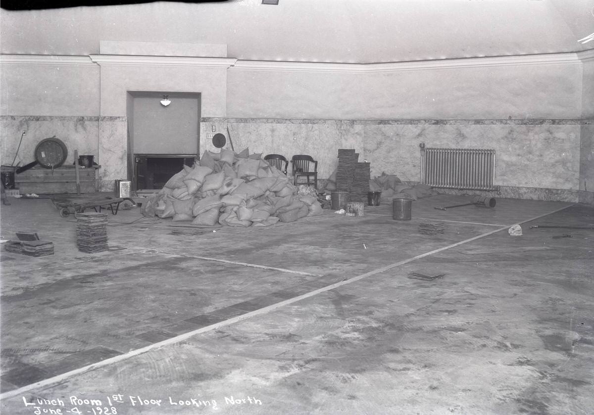 Legislative building floor damage, lunch room, first floor looking north, 1928