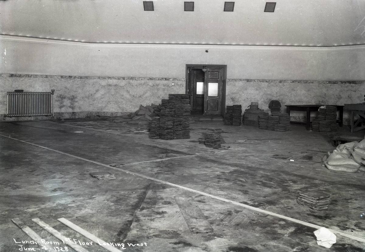 Legislative building floor damage], lunch room, 1928