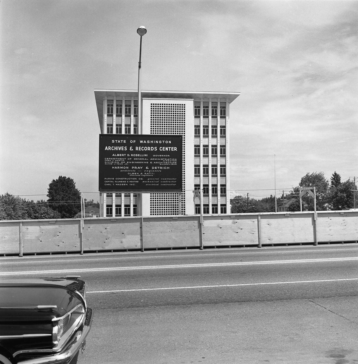 State of Washington Archives and Records Center building site and sign, 1962