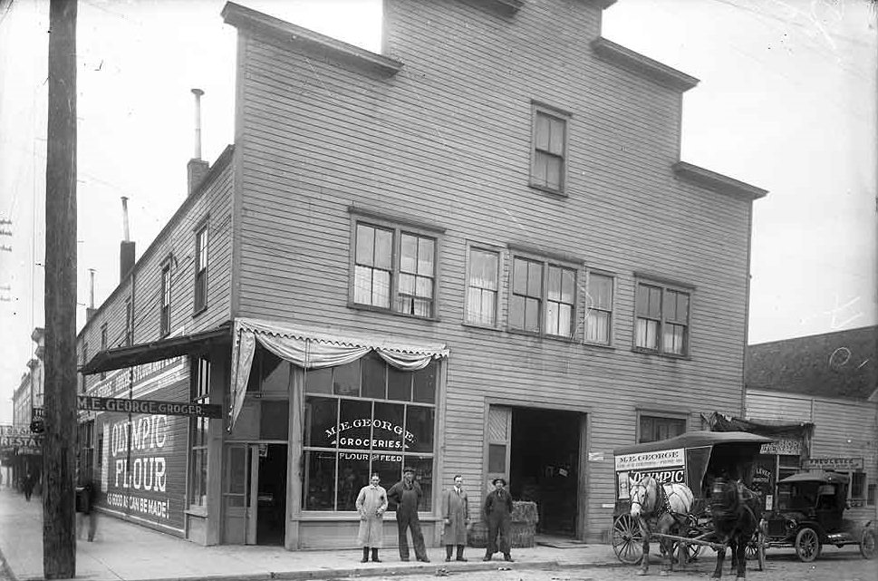 M.E. George grocery store and the building housing it, the Angelus Hotel building, 202 W 4th, Olympia, 1914.