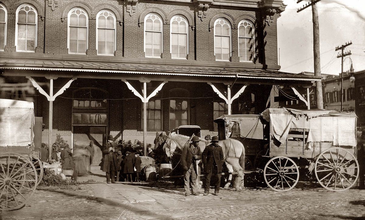 Wagons at the Center Market, Washington, D.C., 1890.