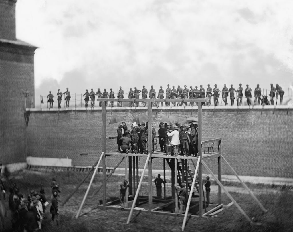 Adjusting Ropes on Scaffold of Conspirators of Assassination of U.S. President, Abraham Lincoln, Arsenal Prison, Washington, DC, July 7, 1865