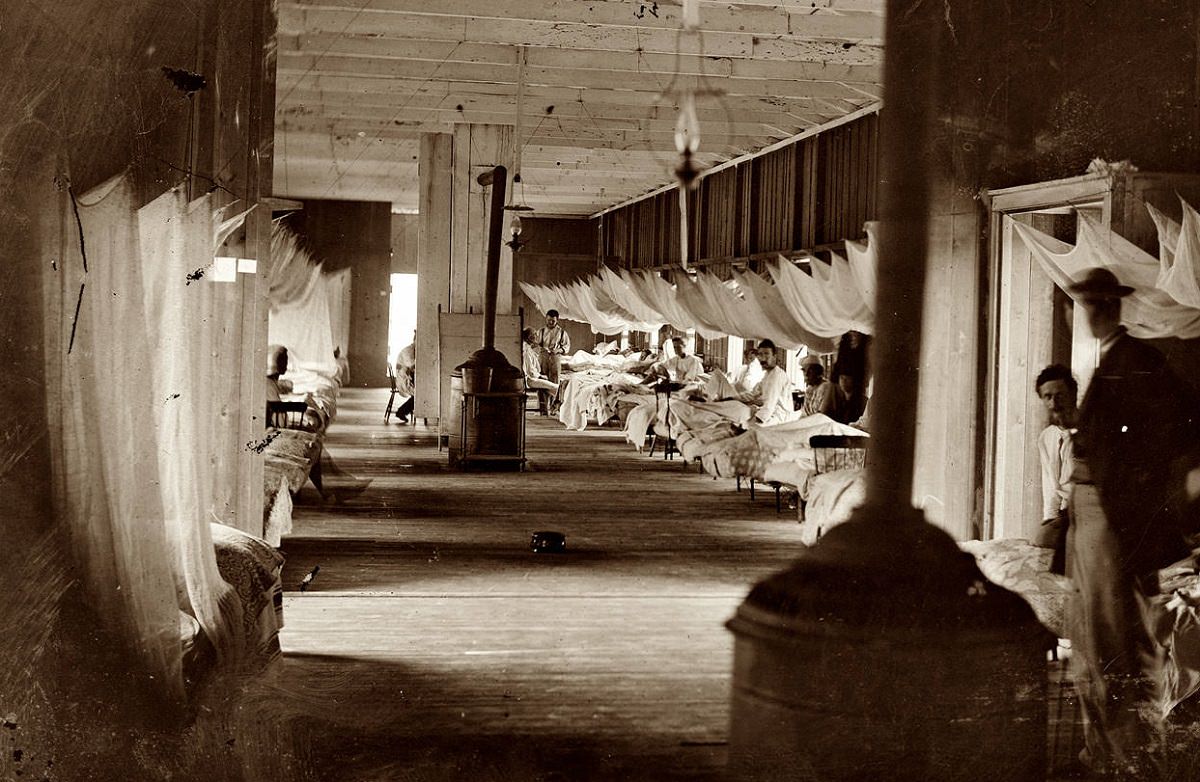 Washington circa 1863. Wounded soldiers at Harewood Hospital with mosquito netting over their beds, 1863.