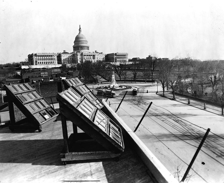 Glass photographic negatives are sun-printed on the roof of J. F. Jarvis' photo store in Washington D. C., 1890s