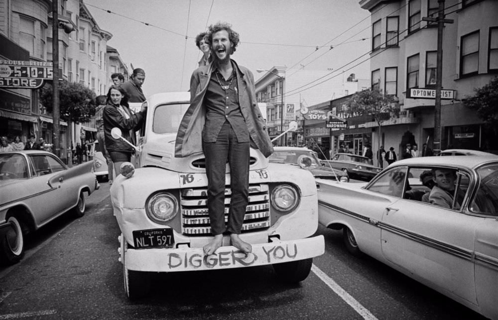 Krishna’s Kirtan, a sacred chant music group, on the Diggers truck during the Ratha-Yatra Festival on Haight Street, July 9, 1967.