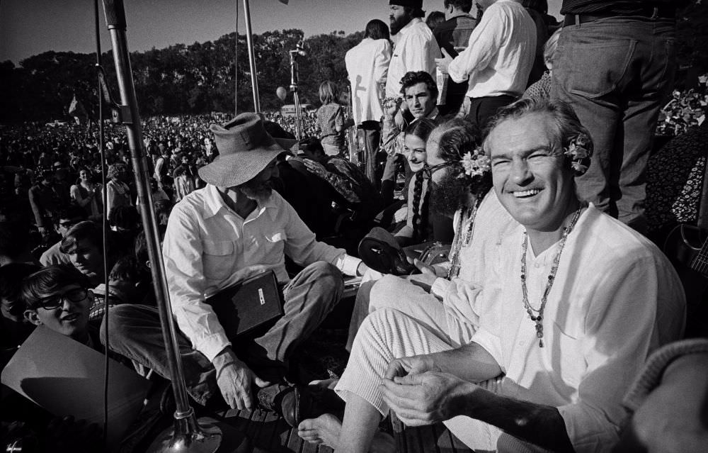 Timothy Leary, Allen Ginsberg, and Gary Snyder onstage telling everyone to “Turn on, tune in, and drop out” at the Human Be-In at Golden Gate Park Polo Fields, January 14, 1967.