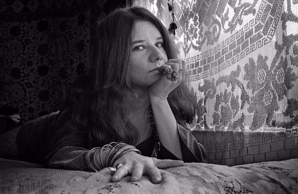 Janis Joplin on her bed, taken in her apartment on Lyon Street, December 1967.