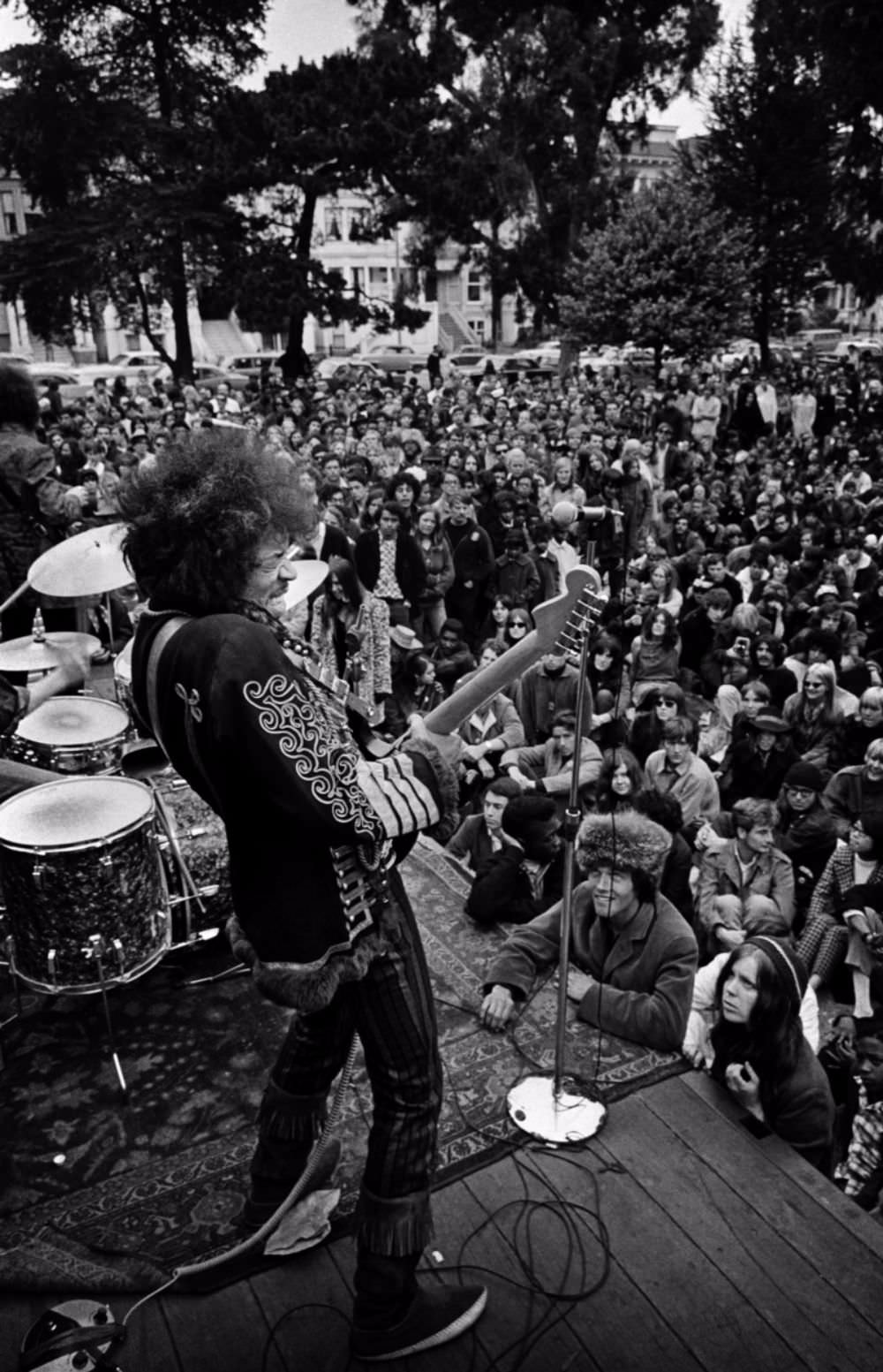 Jimi Hendrix performing onstage at a free concert in the Panhandle, June 19, 1967.
