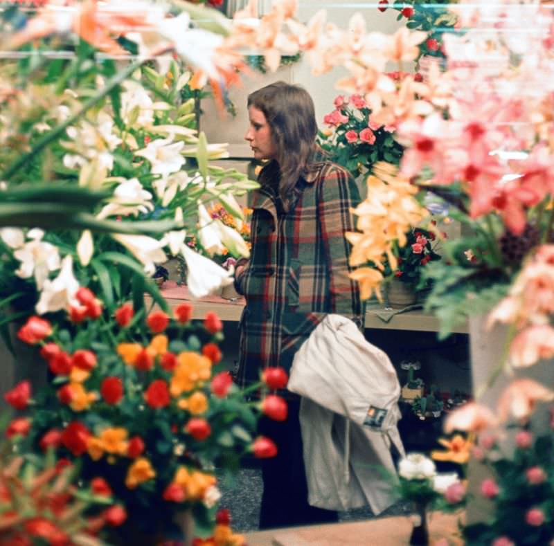 Frankfurt. Girl in flower shop, Germany, 1972