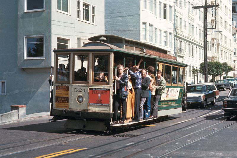 Powell-Hyde cable car route. View southeast on Hyde Street at Lombard Street, 1971