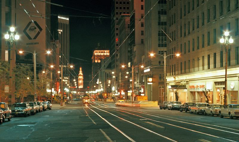 Night view of Market Street at 3rd Street/Geary Street looking northeast, 1971