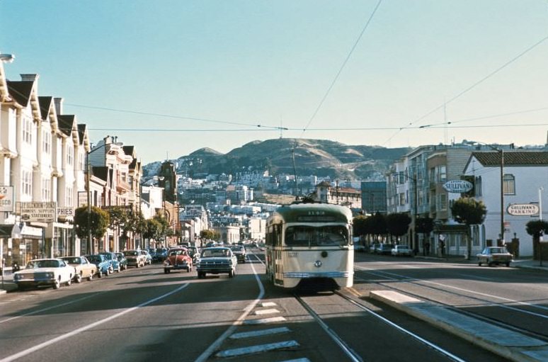 PCC heading downtown on Market Street approaching Sanchez Street/15th Street, 1971