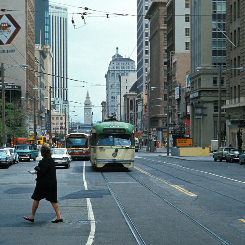 PCC heading southwest on Market Street at 3rd Street/Geary Street looking northeast, 1971