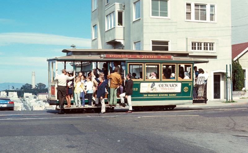 Powell-Hyde cable car route. View east on Lombard Street at Hyde Street, 1971