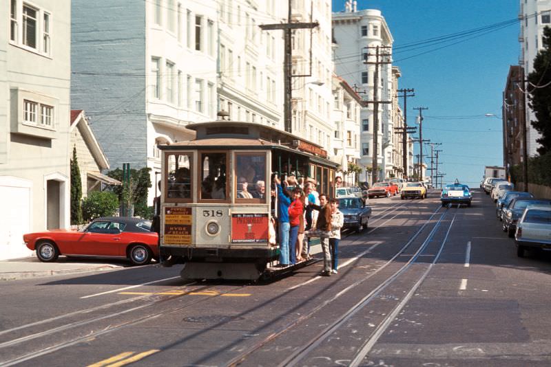 Powell-Hyde cable car route. View south on Hyde Street at Lombard Street, 1971