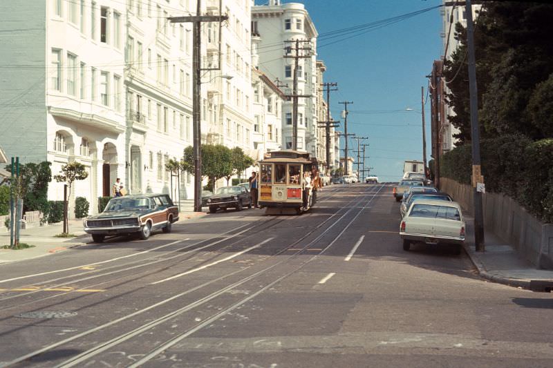 Powell-Hyde cable car route. View south on Hyde Street from Lombard Street, 1971