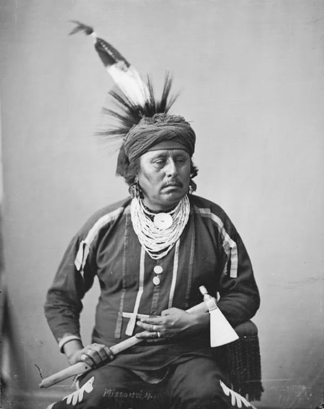 Muncha-Huncha (Big Bear, also Called Joseph Powell), Chief of Bear Band holding pipe-tomahawk.