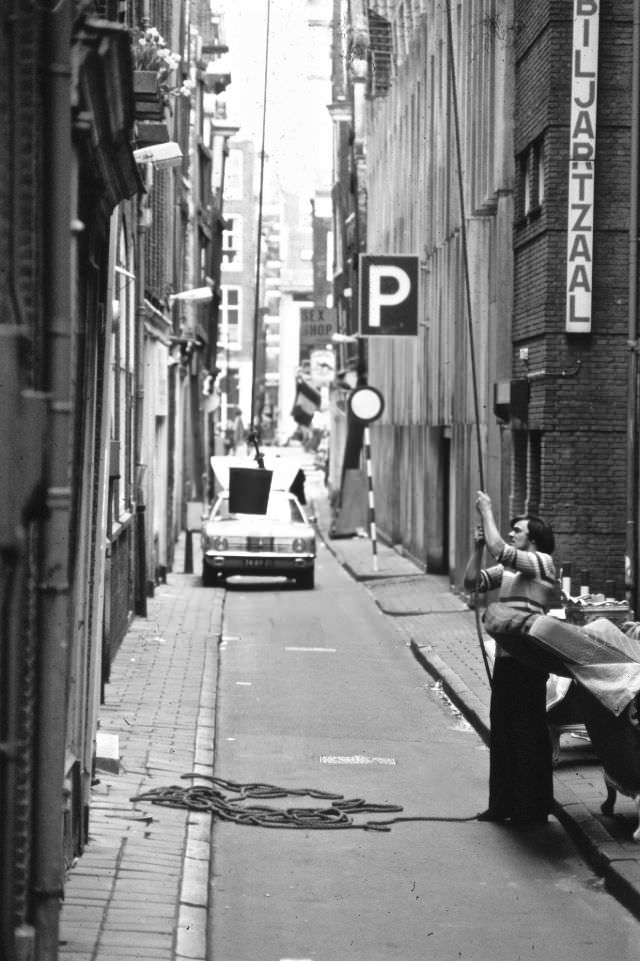Building work, bucket and rope, Amsterdam, 1970s
