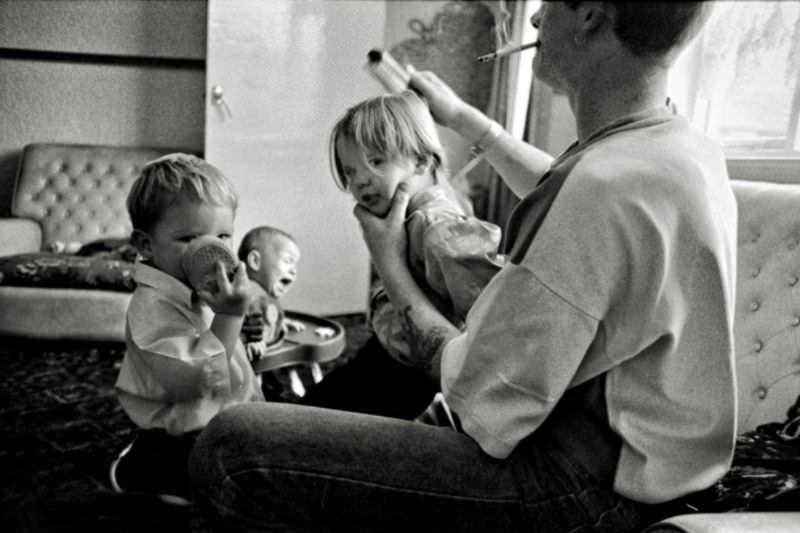 Father of four getting the kids ready for bed, 1994