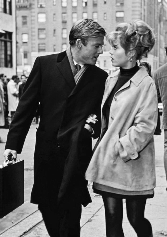 Robert Redford and Jane Fonda during the filming of 'Barefoot in the Park (1967)'