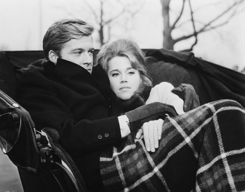 Robert Redford and Jane Fonda during the filming of 'Barefoot in the Park (1967)'