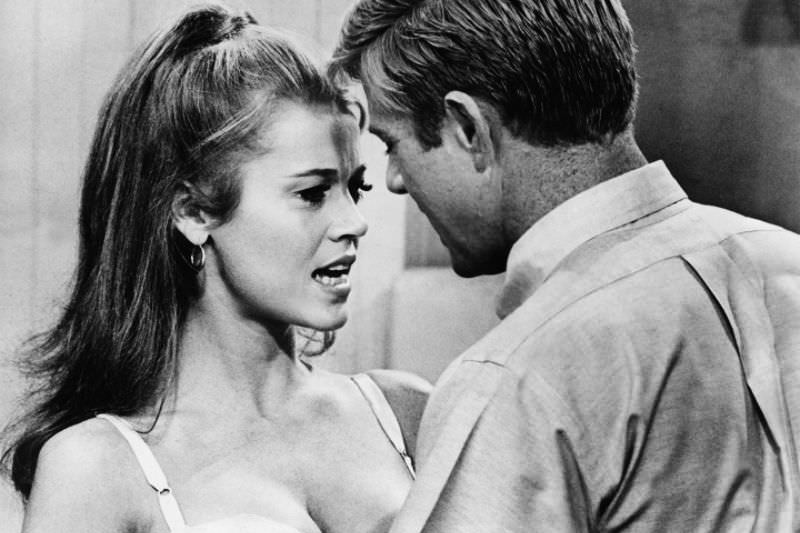 Robert Redford and Jane Fonda during the filming of 'Barefoot in the Park (1967)'