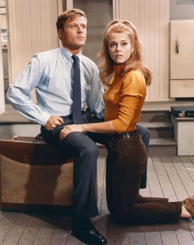 Robert Redford and Jane Fonda during the filming of 'Barefoot in the Park (1967)'